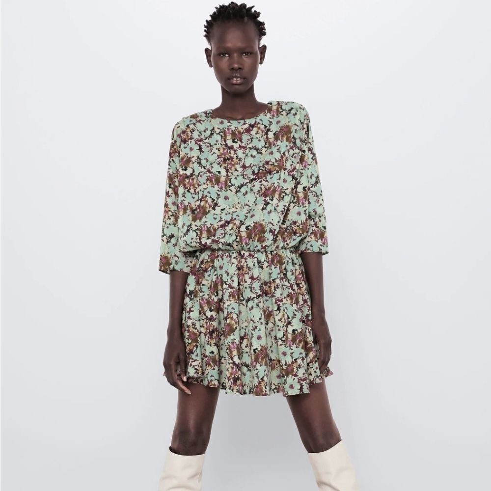 ZARA‎ Long Sleeve, Floral Casual Apron Dress